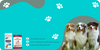 Three dogs with beautiful coats sit together on grass next to grain-free dog food from Advance and Royal Canin, surrounded by pet care products. Promotional text is displayed on a turquoise background adorned with paw print patterns.
